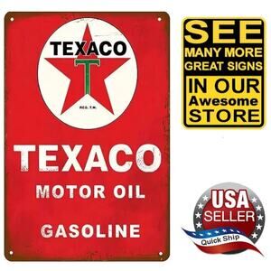 Vintage Metal Tin Sign • Texaco Motor Oil & Gasoline • Petroliana • Red • 8x12"